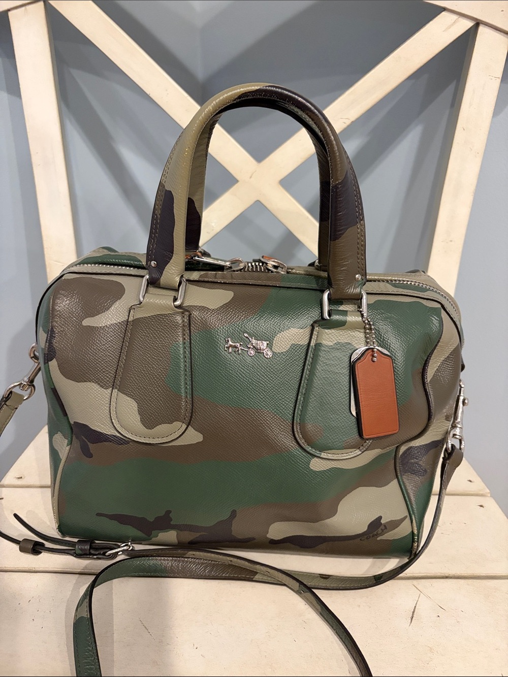 Coach Camo Leather Zip Satchel in Green/Brown